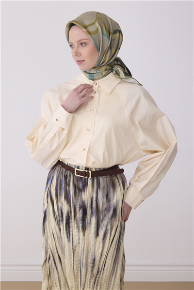 Haki Soyut Desen %100 Twill İpek Eşarp 4301-80