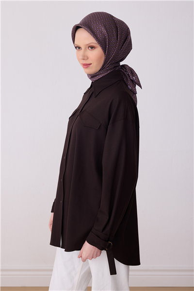 Kahverengi Klasik Desen %100 Twill İpek Eşarp 4317-34