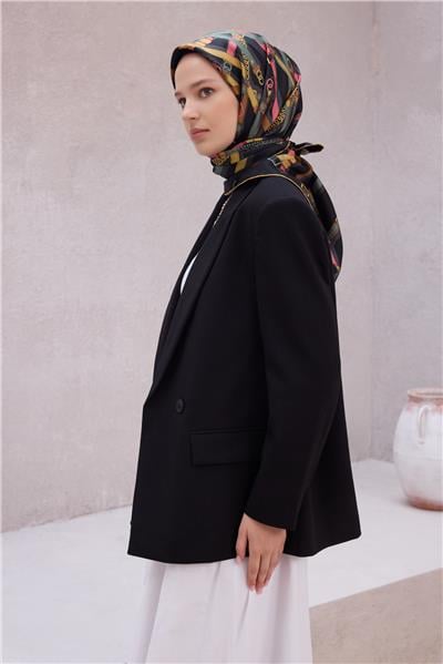 BELLİ KEMER DESEN İPEK EŞARP 4200D (TWILL) SİYAH PEMBE - 01