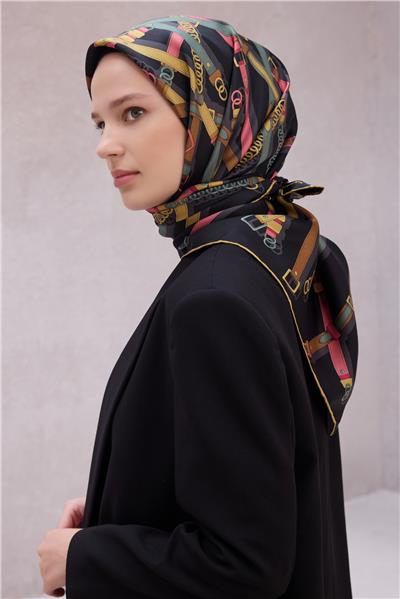 BELLİ KEMER DESEN İPEK EŞARP 4200D (TWILL) SİYAH PEMBE - 01