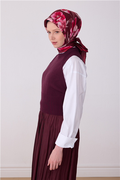 Kırmızı Çiçek Desen %100 Twill İpek Eşarp 4330-04