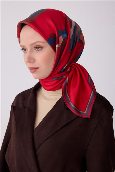 Kırmızı Çiçek Desen %100 Twill İpek Eşarp 4303-81