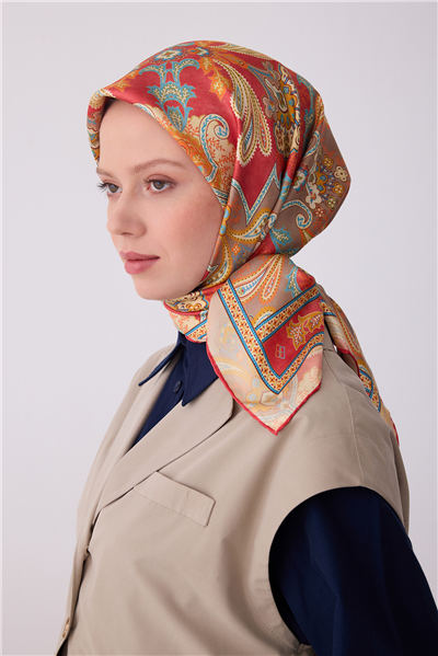 Kırmızı Etnik Desen %100 Twill İpek Eşarp 4304-03