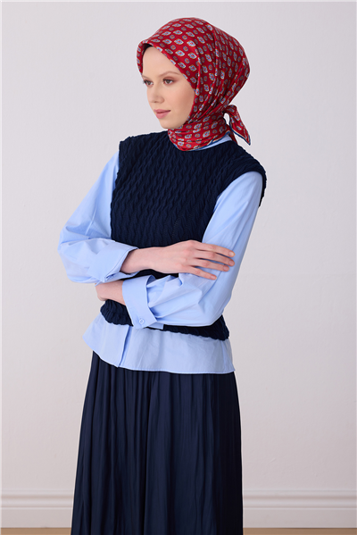 Kırmızı Etnik Desen %100 Twill İpek Eşarp 4308-02