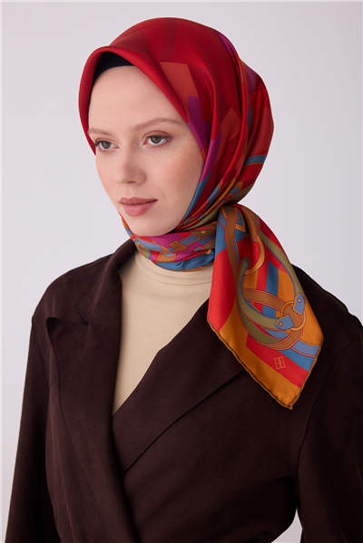 Bordo Obje Desen %100 Twill İpek Eşarp 4300-80