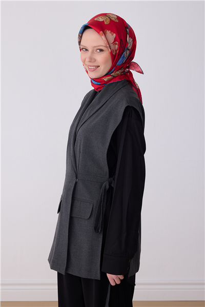 Kırmızı Obje Desen %100 Twill İpek Eşarp 4329-83