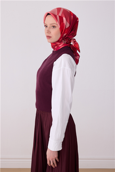 Kırmızı Obje Desen %100 Twill İpek Eşarp 4300-04