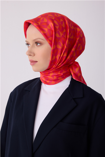 Kırmızı Obje Desen %100 Twill İpek Eşarp 4322-31