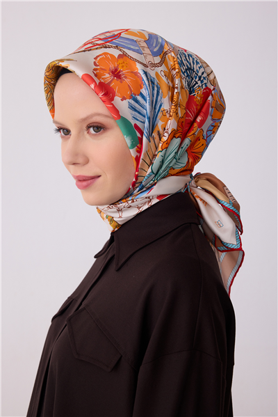 Kırmızı Obje Desen %100 Twill İpek Eşarp 4324-03
