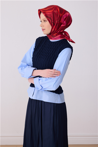 Kırmızı Soyut Desen %100 Twill İpek Eşarp 4301-33