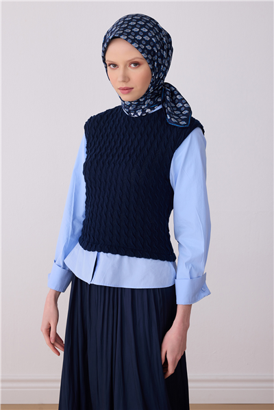 Lacivert Etnik Desen %100 Twill İpek Eşarp 4308-04