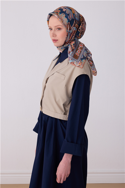 Lacivert Etnik Desen %100 Twill İpek Eşarp 4304-31