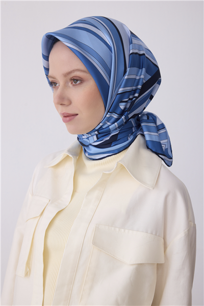 Lacivert Geometrik Desen %100 Twill İpek Eşarp 4311-05
