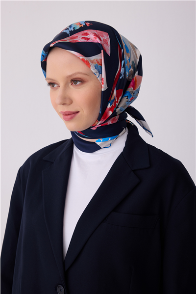 Lacivert Obje Desen %100 Twill İpek Eşarp 4316-02