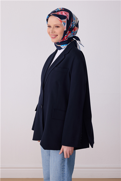 Lacivert Obje Desen %100 Twill İpek Eşarp 4316-02