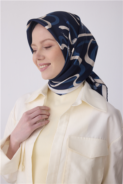 Lacivert Soyut Desen %100 Twill İpek Eşarp 4309-34