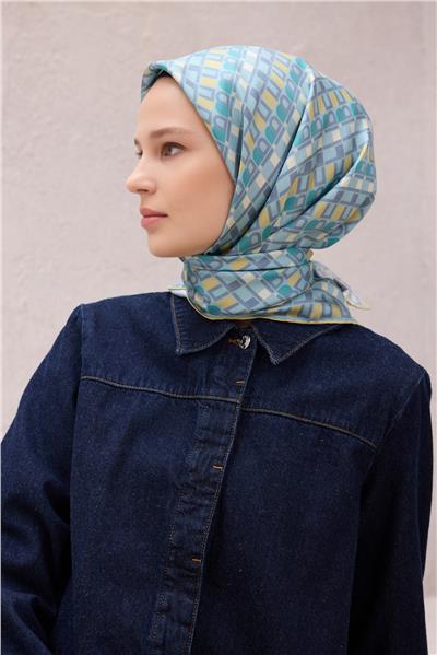 BELLİ LOGO DESEN İPEK EŞARP 4223D (TWILL) MAVİ YEŞİL - 38