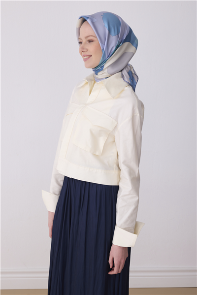 Mavi Çiçek Desen %100 Twill İpek Eşarp 4306-37