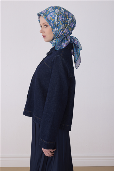 Mavi Etnik Desen %100 Twill İpek Eşarp 4314-52