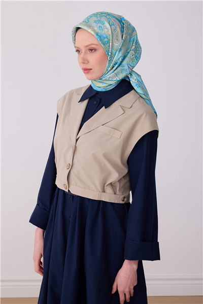 Mavi Etnik Desen %100 Twill İpek Eşarp 4304-52