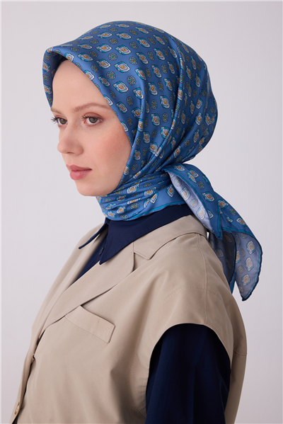 Mavi Etnik Desen %100 Twill İpek Eşarp 4308-82