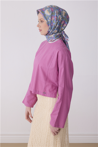 Mavi Çok Renkli Etnik Desen %100 Twill İpek Eşarp 4314-32