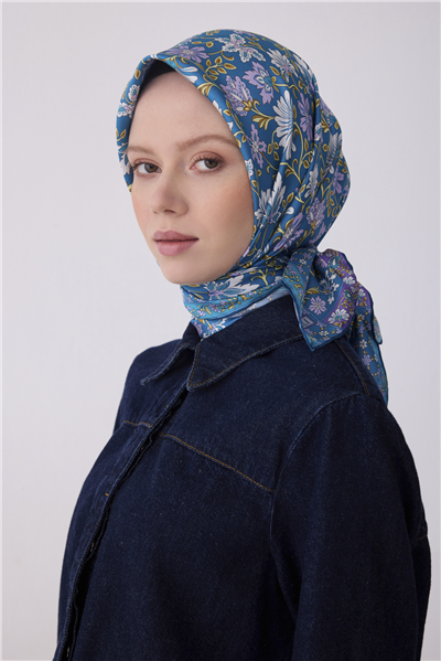 Mavi Etnik Desen %100 Twill İpek Eşarp 4314-52