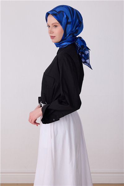 Mavi Geometrik Desen %100 Twill İpek Eşarp 4327-84