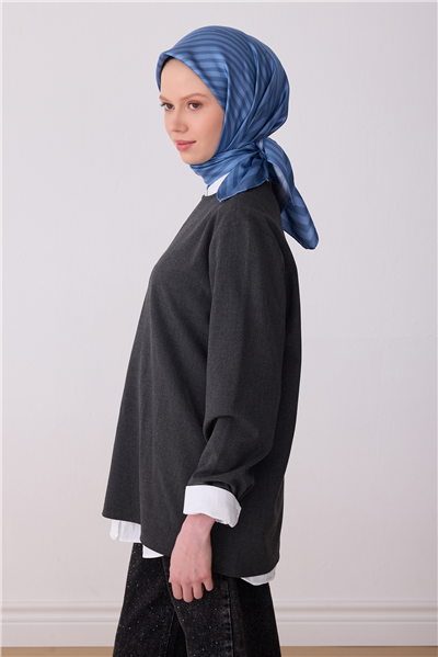 Mavi Geometrik Desen %100 Twill İpek Eşarp 4325-83