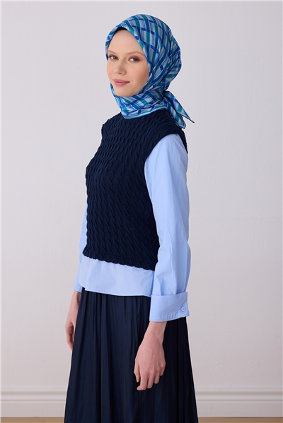 Mavi Geometrik Desen %100 Twill İpek Eşarp 4302-50