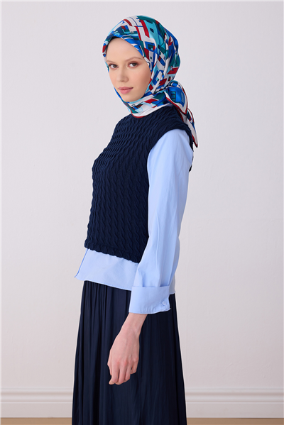 Mavi Obje Desen %100 Twill İpek Eşarp 4307-05