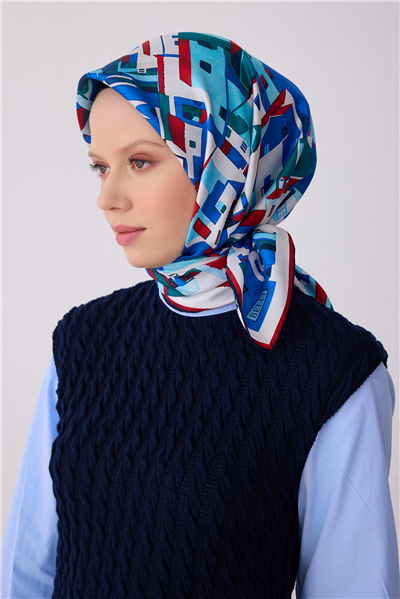 Mavi Obje Desen %100 Twill İpek Eşarp 4307-05