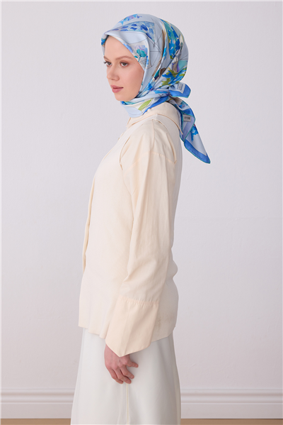 Mavi Obje Desen %100 Twill İpek Eşarp 4316-80