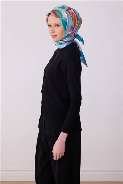 Mavi Soyut Desen %100 Twill İpek Eşarp 4318-34