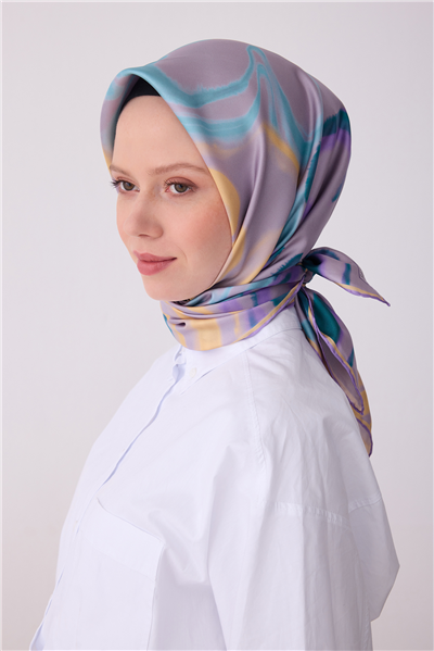 Mor Soyut Desen %100 Twill İpek Eşarp 4301-83