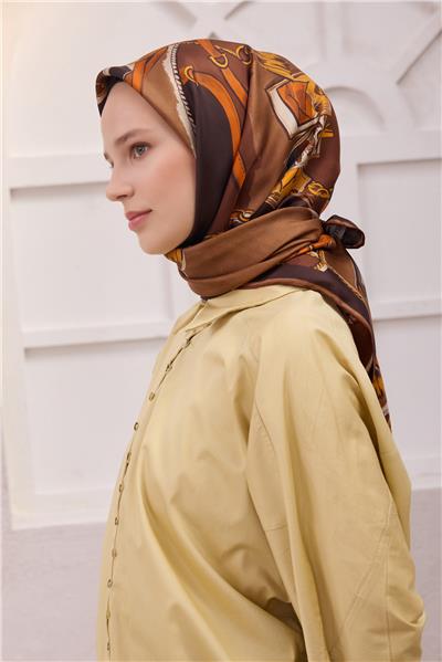BELLİ OBJE DESEN İPEK EŞARP 4205D (TWILL) KAHVE - 81
