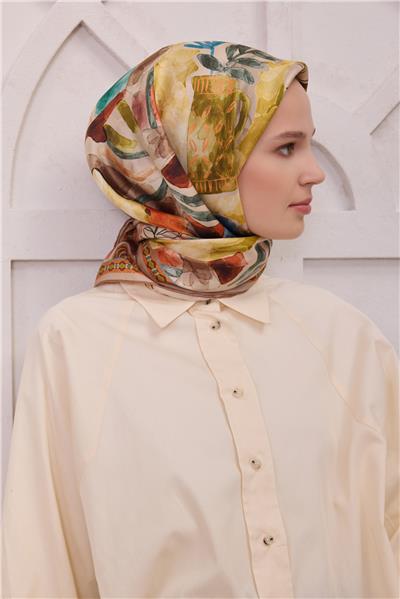 BELLİ OBJE DESEN İPEK EŞARP 4216D (TWILL) VİZON - 81