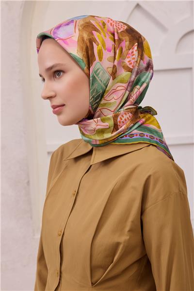 BELLİ OBJE DESEN İPEK EŞARP 4216D (TWILL) YAĞ YEŞİLİ - 02