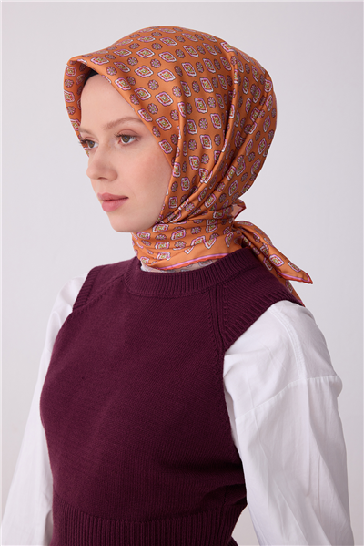 Oranj Etnik Desen %100 Twill İpek Eşarp 4308-33