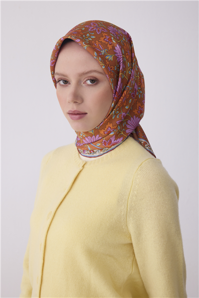 Oranj Etnik Desen %100 Twill İpek Eşarp 4314-31