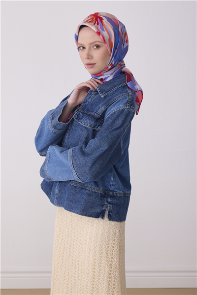 Pembe Çiçek Desen %100 Twill İpek Eşarp 4315-55