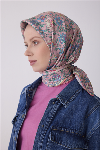 Pembe Etnik Desen %100 Twill İpek Eşarp 4314-81