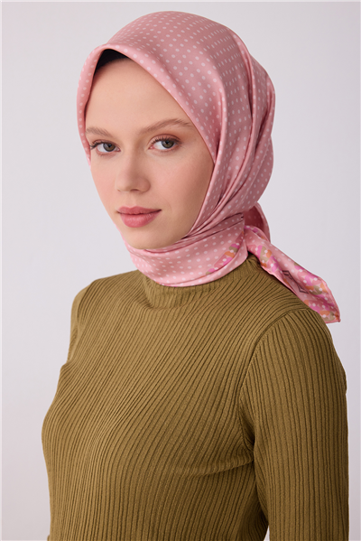 Pembe Klasik Desen %100 Twill İpek Eşarp 4326-01
