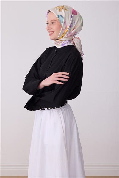 Ekru Pembe Obje Desen %100 Twill İpek Eşarp 4329-52