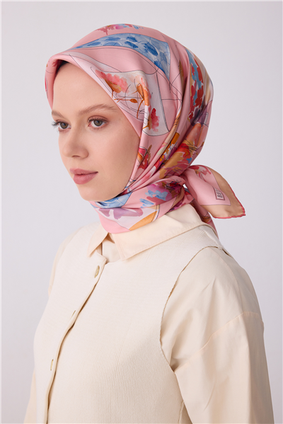 Pembe Obje Desen %100 Twill İpek Eşarp 4316-01