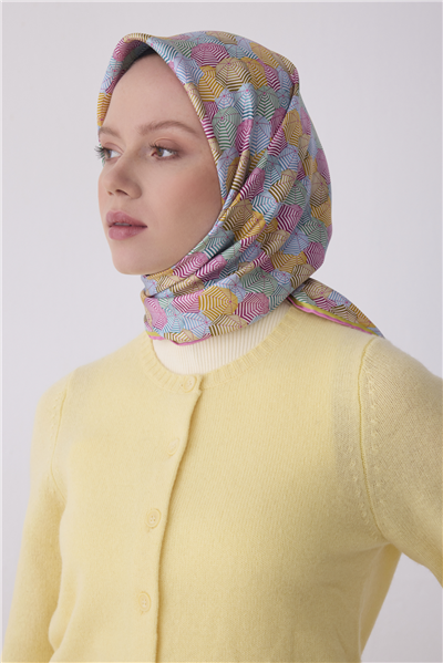 Pembe Obje Desen %100 Twill İpek Eşarp 4313-52