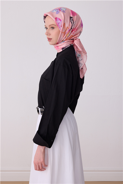 Pembe Obje Desen %100 Twill İpek Eşarp 4329-02