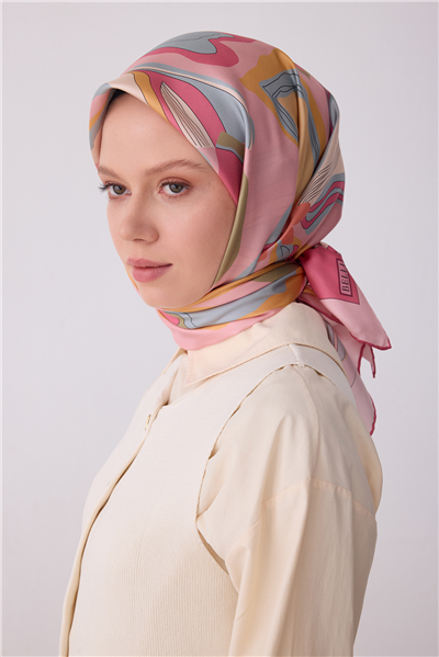Pembe Soyut Desen %100 Twill İpek Eşarp 4318-02
