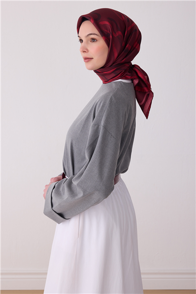 Bordo Geometrik Desen %100 Twill İpek Eşarp 4309-31