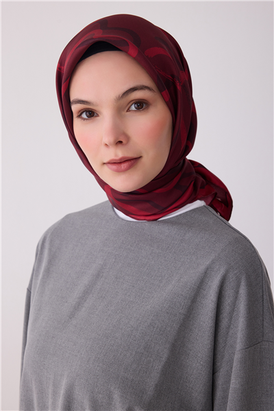 Bordo Geometrik Desen %100 Twill İpek Eşarp 4309-31